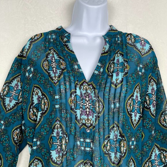 NWT Charter Club Teal V-Neck Button Up Tuxedo Pleated Blouse Tunic Large Petite - Picture 3 of 16